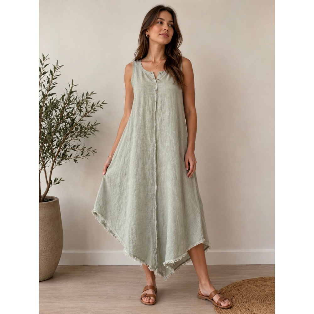 NOÉLINE Sage Green 100% Linen Sharkbite Dress Made in Italy Henley